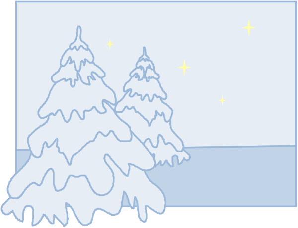 The image shows a cartoon of two snowy pine trees with icicles hanging from them on either side of an open window frame during what appears to be nighttime under a starry sky.