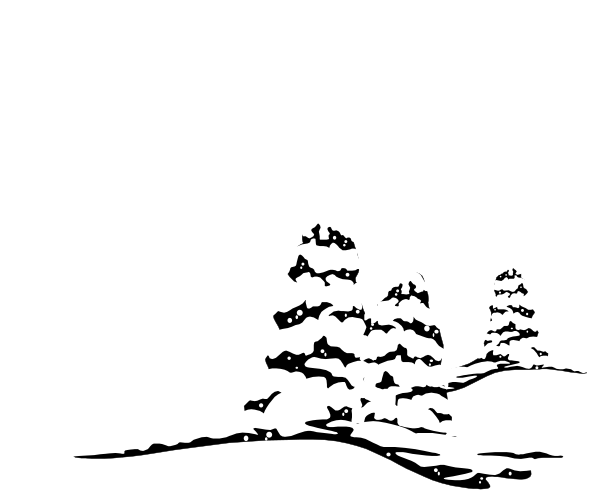The black and white silhouette of a house with trees on either side at nighttime.