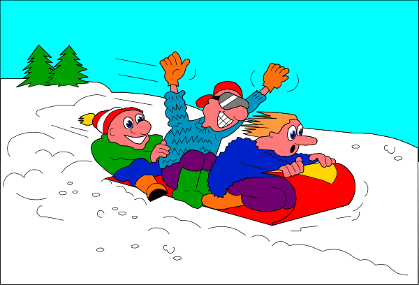 The cartoon shows three animated characters riding a sled downhill on snowy ground with trees around them; two of the figures have their arms outstretched for balance while one is holding onto something in front, and all appear to be enjoying themselves as indicated by smiling faces.