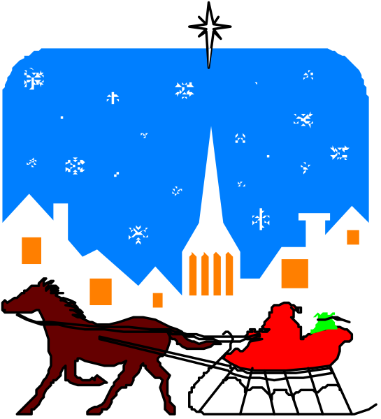 The image depicts a nighttime scene with snow falling against a dark sky filled with stars; there's an illuminated church steeple in the background on the left side of the frame. In front, two houses can be seen under the starry sky. A horse is pulling a sleigh carrying Santa Claus and his reindeer across what appears to be snow-covered ground towards these homes. The scene conveys a sense of holiday cheer with its festive elements such as Christmas lights on the buildings and decorations in front, suggesting it's set during wintertime around Christ