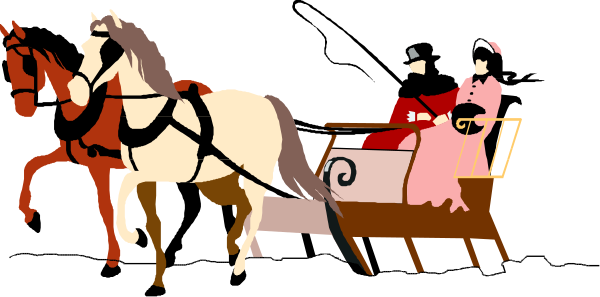 The image shows a black and white illustration of three horse carriages with two horses each; there is no text present in this clip-art picture.