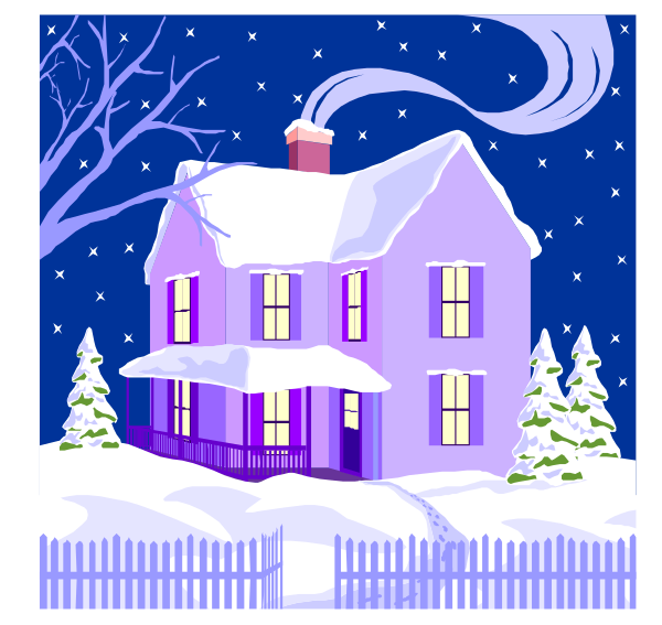 The illustration depicts a snowy scene with an old house covered by white frost on its roofs; there's no visible text in this image.