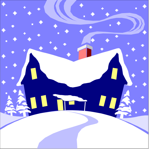 The image shows a snowy night scene with two panels: on top, there is an illustration of a house covered in white snow; below it, another panel depicts a path leading to the same house at dusk under clear skies and stars.