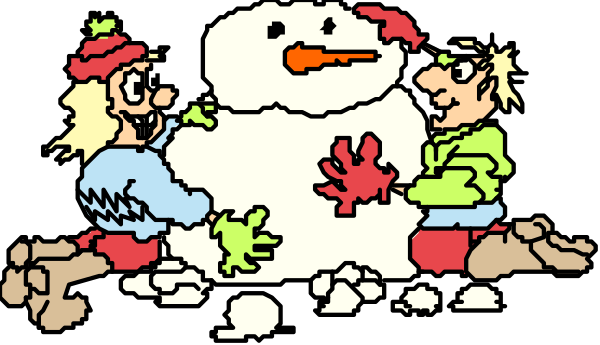 The image shows a cartoon of two children sitting on either side of an anthropomorphic snowman with leaves for eyes; one child is wearing red shorts while the other has blonde hair in pigtails, and both appear to be laughing at something off-frame.