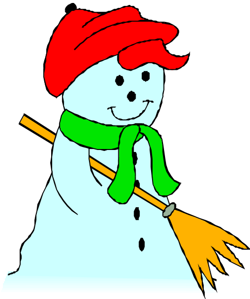 The cartoon depicts a snowman with arms outstretched holding broomsticks on either side of it; wearing red hat and scarf around neck.