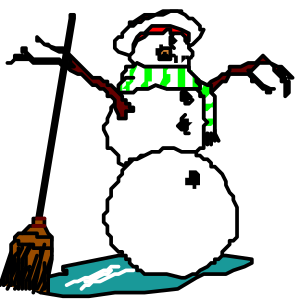 The image shows a pixelated snowman with arms outstretched standing on what appears to be ice against an indoor backdrop that resembles Christmas decorations such as stockings hanging from mantels and garlands, suggesting it's set in winter during holiday time.