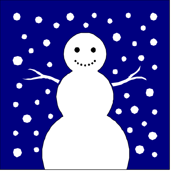 The image shows a cartoon of an animated snowman with arms spread wide against a dark blue background speckled with white dots that represent falling snowflakes.