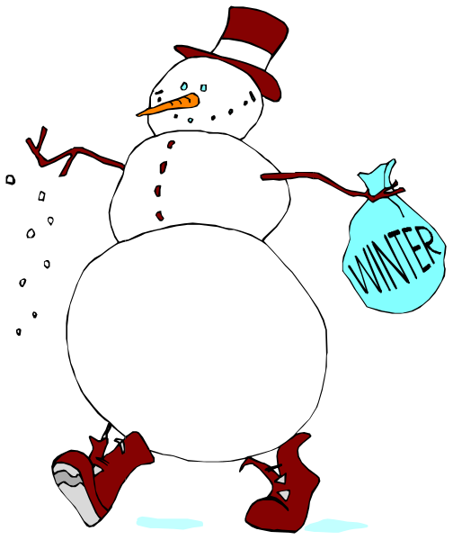 The cartoon depicts a snowman with red shoes holding bags of coal labeled "WINTER" walking away from another bag that says "SNOW."