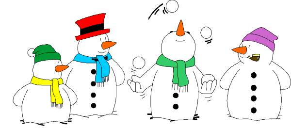 The image shows a group of four cartoon snowmen with different expressions standing next to each other on what appears to be a gray surface; one is smiling broadly while another has its mouth open as if speaking, and two others have neutral faces. They all wear winter clothing including hats and scarves in various colors like red, yellow, green, blue, purple, pink, orange, white, black, brown, tan, cream, beige, gray, silver, gold, bronze, copper, brass, tin, steel, iron, aluminum, zinc, lead, mercury