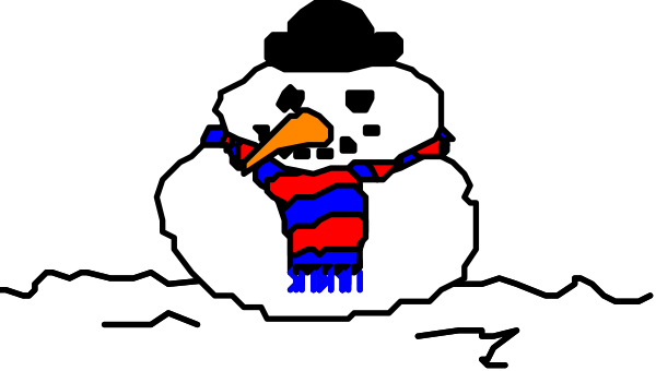 The image shows a pixelated representation of an anthropomorphic snowman with arms outstretched against a black background; it has a carrot nose, two eyes, buttons for its body, stick limbs, and is wearing what appears to be blue pants or shorts.