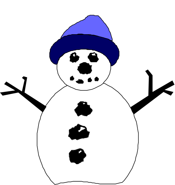 The image shows a cartoon of an anthropomorphic snowman wearing a blue beanie with white pompoms on top, smiling broadly while standing upright against a black background.