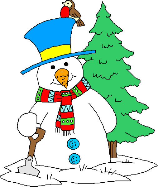 The cartoon depicts a snowman with top hat standing next to an evergreen tree on what appears to be Christmas day in front of a house.