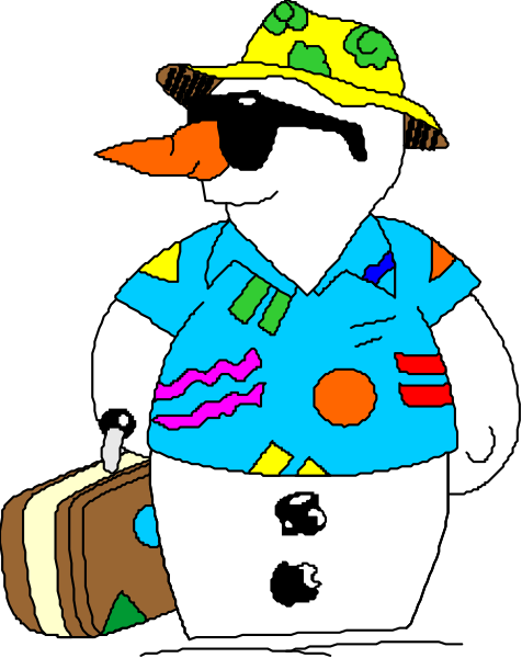 The cartoon depicts a snowman dressed as an airline pilot with sunglasses on its face, wearing shorts and holding luggage in one hand while standing against a black background.