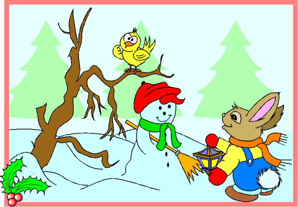 The picture shows a winter scene with two cartoon rabbits dressed as snowmen standing on either side of an evergreen tree; one is holding a shovel while the other has its arms outstretched, and there's another character in between them who appears to be singing or speaking into a microphone.