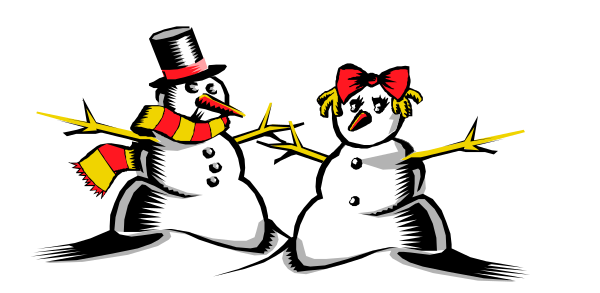 The black and white illustration shows two snowmen standing on a flat surface with their arms outstretched as if dancing in front of each other under falling snowflakes against an evening sky background.