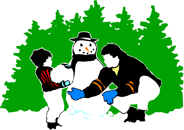 The image shows a cartoon of two figures standing near trees with snow on them; it appears to be wintertime due to the presence of snow-covered ground and foliage in shades of green that suggest cold weather conditions, possibly indicating an outdoor setting during Christmas or holiday season given the festive attire.