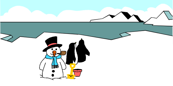 The image depicts a snowman standing on an ice surface with a bucket of coal nearby; there is also a small penguin in front of it wearing sunglasses.