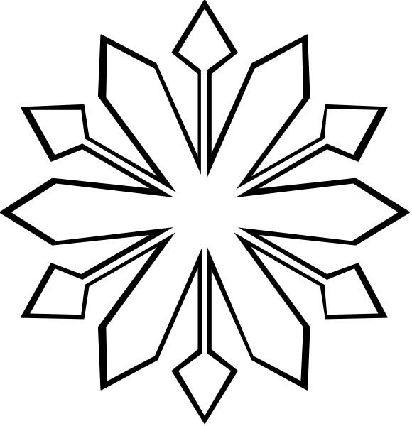 The image shows a black and white snowflake design with two different styles of symmetry: on top is an intricate symmetrical pattern resembling ice crystals; below it appears to be a more simplistic, geometric representation of a star-like shape that could also represent a stylized flower or sunburst.