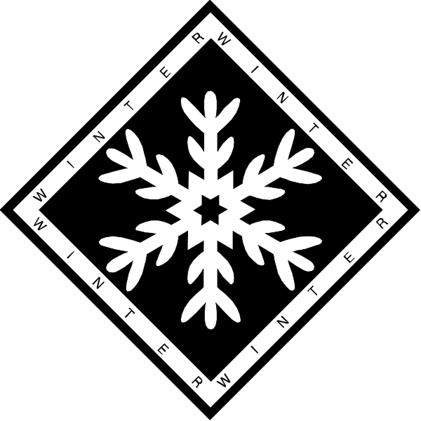 The black and white logo features a snowflake design with text around it that reads "WINTER" on top left corner of each diamond shape in which the snowflakes appear to be placed within another larger square border, creating an overall patterned effect.