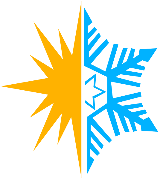 The image shows a stylized graphic of two sunburst patterns with rays emanating from them; these bursts alternate between blue on one side and orange-yellow on the other against a dark background, resembling an abstract representation that could be interpreted as solar or celestial imagery.