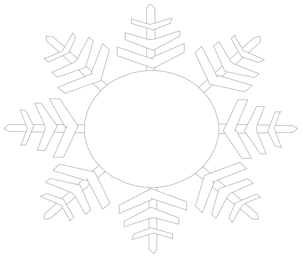 The image shows a black and white snowflake design with six symmetrical arms radiating from its center against an unseen background.
