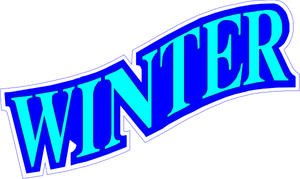 The image shows a graphic with text that reads "WINTER" prominently at top center against blue background; below it is an oval-shaped banner in white font on black background containing additional smaller words, but their content isn't clear due to resolution and size of the letters.