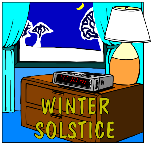 The image shows a cozy bedroom scene with text that reads "WINTER SOLSTICE." There is an alarm clock on top of a nightstand next to a bed adorned by blue curtains, and there's another window in front of which hangs a poster or picture frame.