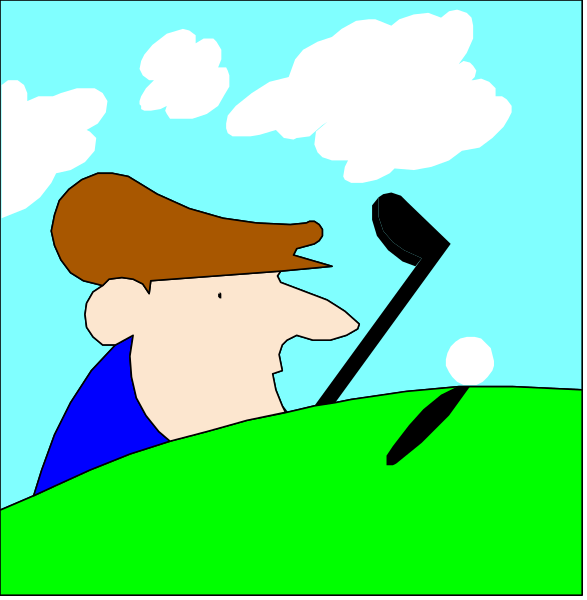 The comic strip shows a man playing golf on an overcast day with clouds above him; he is holding his club behind himself as if preparing to swing at a ball that's out of frame in front of him, and there appears to be another panel showing two different scenes from this same moment: one where the golfer has just hit the ball into flight (with no visible golf balls), and another with an exaggeratedly large club hitting his head.