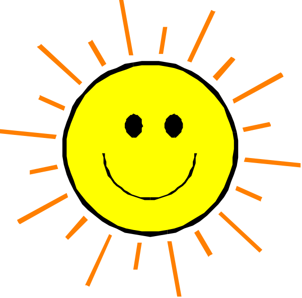 The image shows a yellow sun with rays against an orange background on top of which is a smiley face emoji.