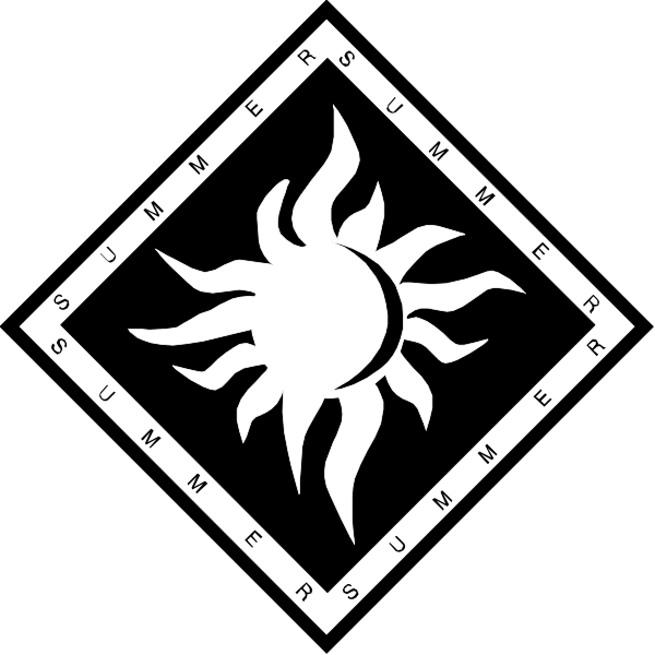 The black and white logo features a sun with rays extending outward from its center on top of an emblem that has text around it reading "summer" in capital letters at each corner point.