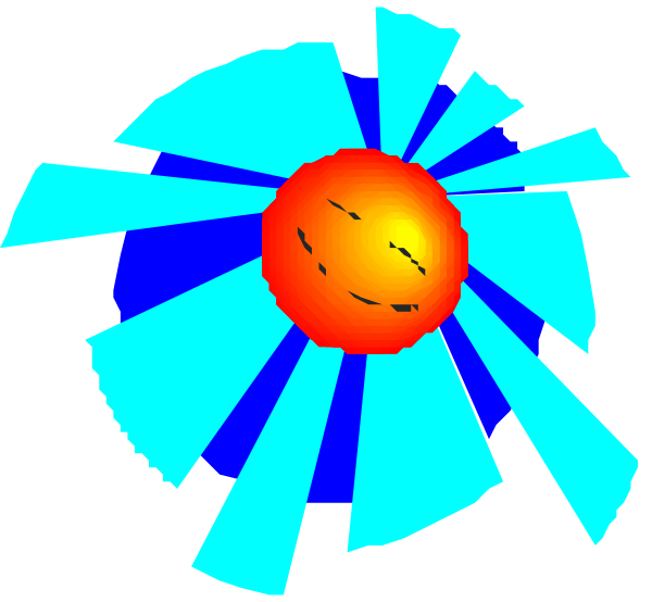 The image shows a stylized representation of an object with multiple layers that resembles a flower blooming from its center outward in various shades of blue to red, set against a dark background.
