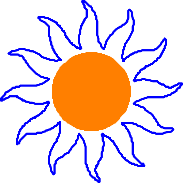 The image shows a stylized sun with rays extending outward from its center, set against an orange background that resembles flames; it is depicted in blue lines on what appears to be black fabric.