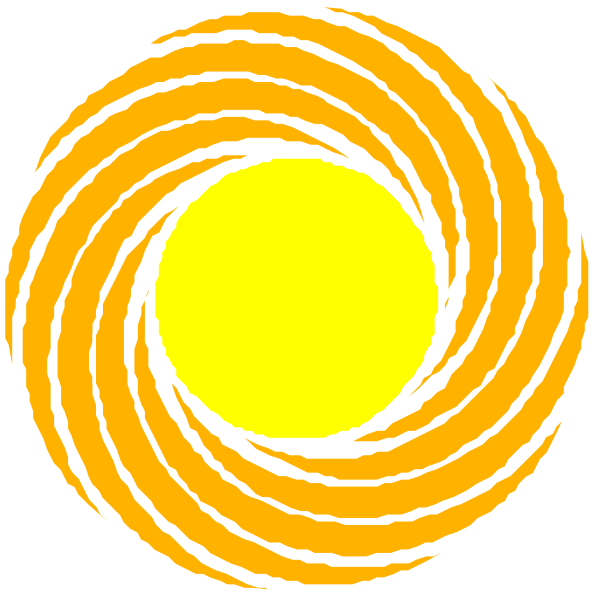 The image shows a stylized representation of two suns with rays emanating from them against an orange background that resembles a circular horizon line at either end; it is likely meant to represent day and night, given their positions on opposite sides of this central circle.