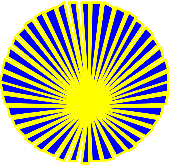 The image shows two overlapping circles with a sunburst pattern inside them against a dark background.