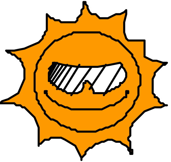 The image shows a stylized sun with sunglasses on its face set against an orange background that resembles rays of light emanating from it.