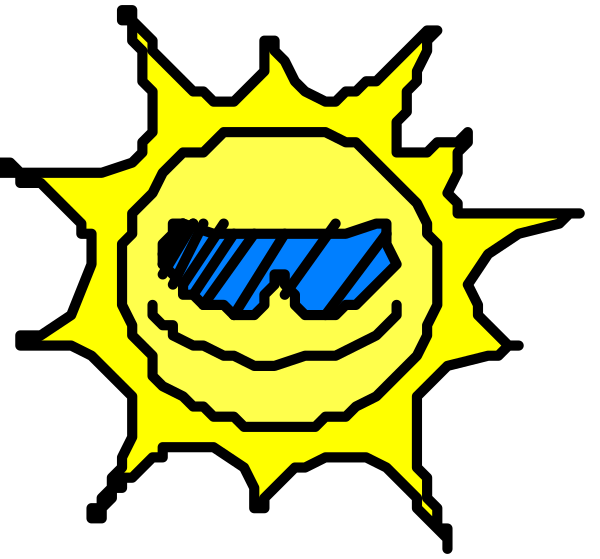 The image shows a sun with sunglasses on it against a black background.