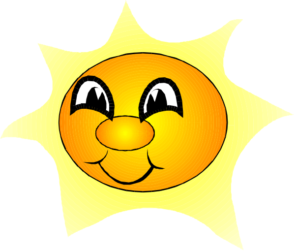 The image shows a cartoon sun with eyes smiling behind clouds against an overcast sky background.