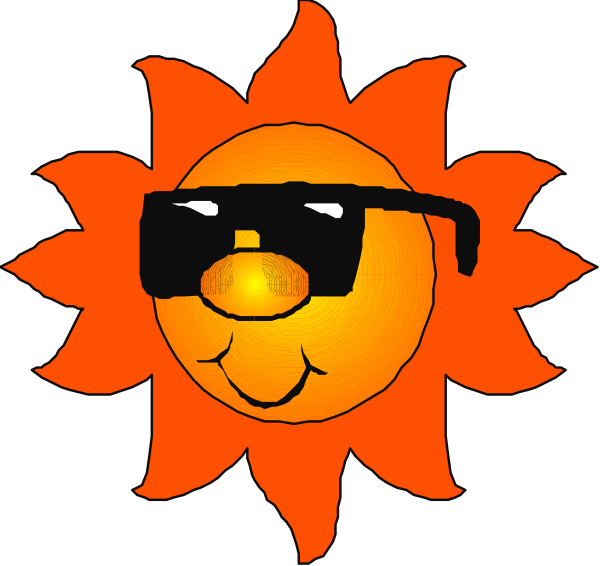 The image shows a cartoon sun with sunglasses on its face wearing black shades, set against an orange background that resembles sunlight rays.