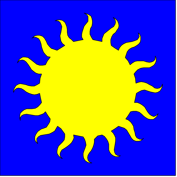 The image shows a blue square on top of another with an illustration inside it depicting two suns: one is yellow and has rays emanating from its center; both have faces that resemble human eyes, giving them anthropomorphic characteristics.