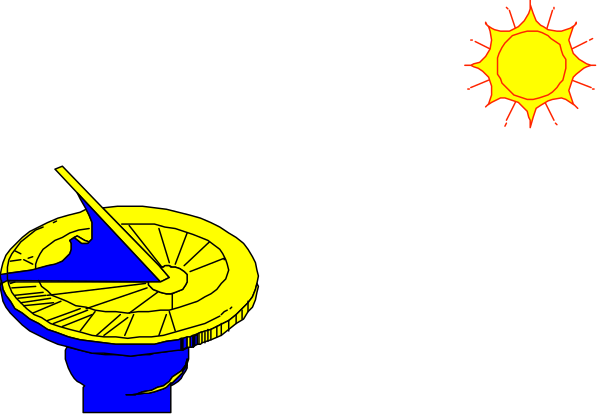 The image shows a cartoon depiction of an astronomical scene with two celestial bodies: a yellow sun on top left corner casting light onto a blue planet in bottom right corner; there's also a compass rose and sundials, suggesting navigation or timekeeping themes within the space setting.