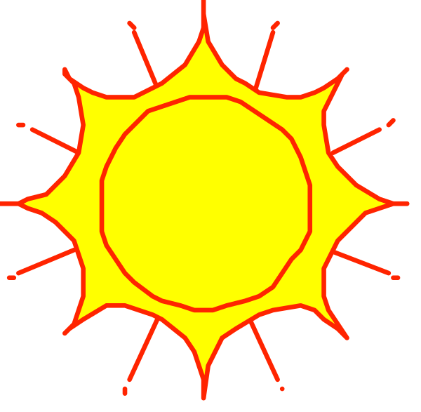 The image shows a simple sun with rays extending outward from its center against an orange background that resembles fire.
