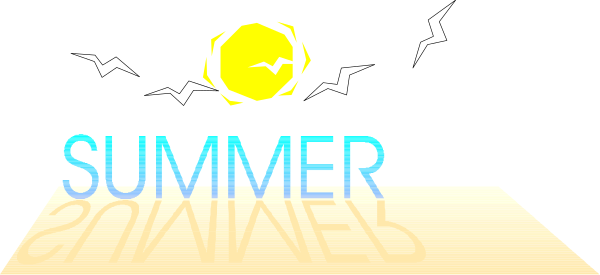 The image shows a digital graphic with text that reads "SUMMER" at top right corner against an orange sunset background; below it is another line of smaller white font reading "SHINE."