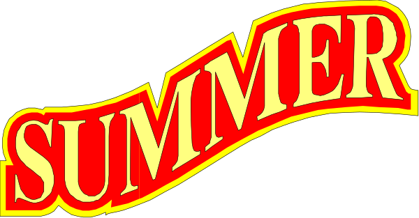 The image shows a stylized text that reads "SUMMER" with an arrow pointing to it from above in bold red letters on top of another word which is also written in large yellow blocky font, and below this larger text there's smaller white lettering reading 'Summer'.