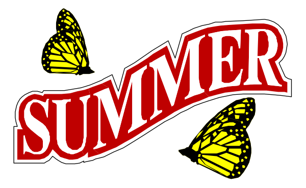 The image features a graphic with text that reads "SUMMER" at top center above two butterflies; below it is an illustration of three yellow-winged moths in flight against a red background, and beneath them is another word reading "Summer."