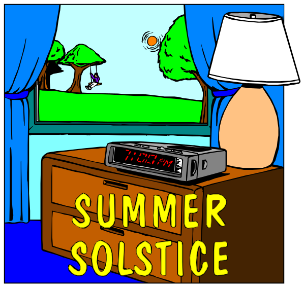 The image depicts a cozy bedroom scene with text that reads "Summer Solstice." There is an alarm clock on top of what appears to be a nightstand next to a window where it's daytime outside, and there seems to be someone or something in motion near the tree visible through the glass. The room has blue curtains framing the scene with trees seen outdoors beyond them.