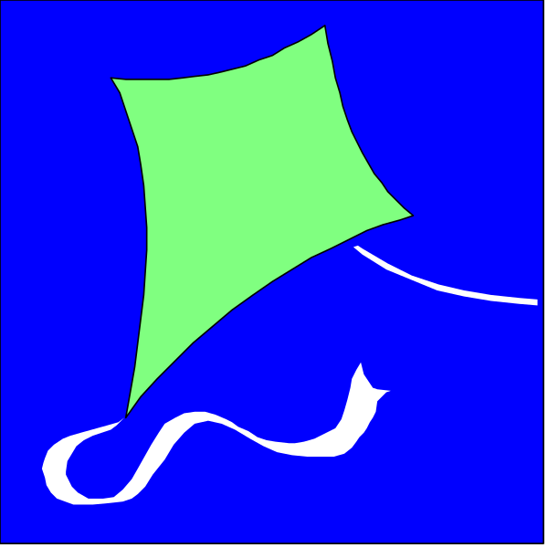 The image shows a blue kite flying high against an overcast sky with clouds that resemble raindrops.