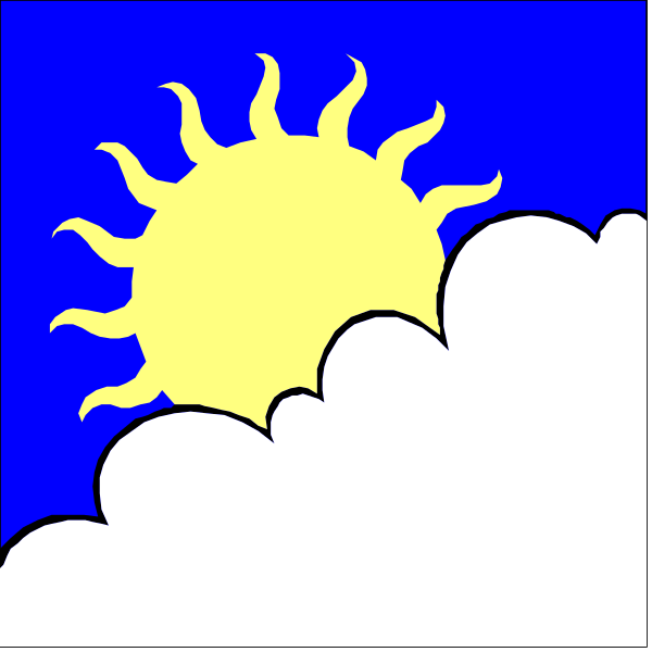 The image shows a blue sky with white clouds on top left corner of each panel; suns at different stages from rising to full bloom in center panels; yellow rays emanating downward towards bottom right corners, suggesting sunlight and warmth.