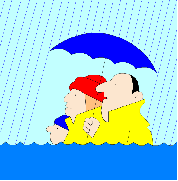 The cartoon shows a family of three standing under an umbrella on what appears to be a rainy day; two adults in yellow jackets hold hands while one child is wearing red clothing with hood up, and all have surprised expressions as if reacting to something unexpected or unusual happening outside the frame.