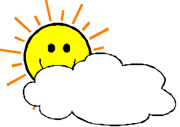 The image shows a cartoon sun with rays emanating from it behind clouds that have faces drawn on them to represent happy expressions.