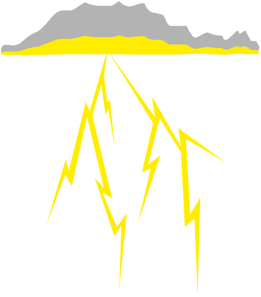 The image shows a black background with lightning bolts on it that appear to be emanating from an unseen source below them; there is also what looks like rain in yellow atop one of these bolts, and above this scene, clouds can be seen against a gray sky.